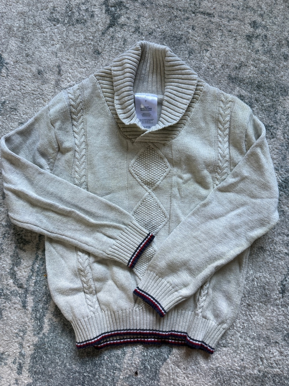 Tommy Hilfiger Cream Shawl-Collar Cable Knit Sweater with Navy & Red Trim